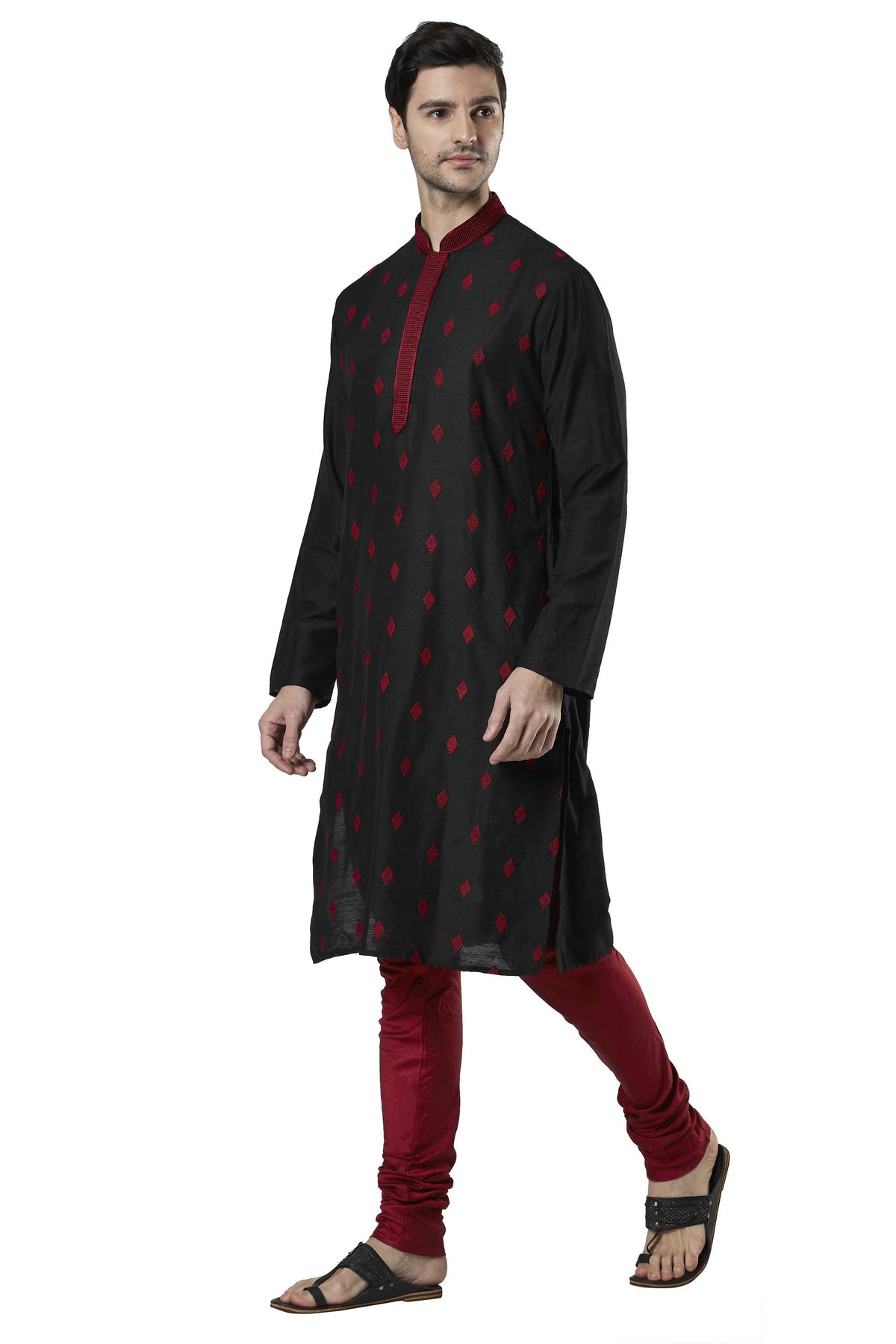 Ethnix Men's Black Embroidered Placket 2-Piece Kurta Pajama Set, right angled full-length view