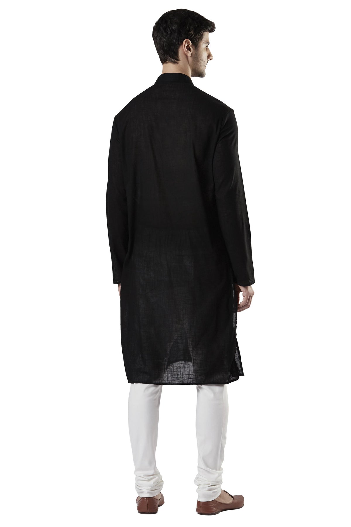 Ethnix Men's Black Textured Pure Cotton 2-Piece Kurta Pajama Set, back full-length view