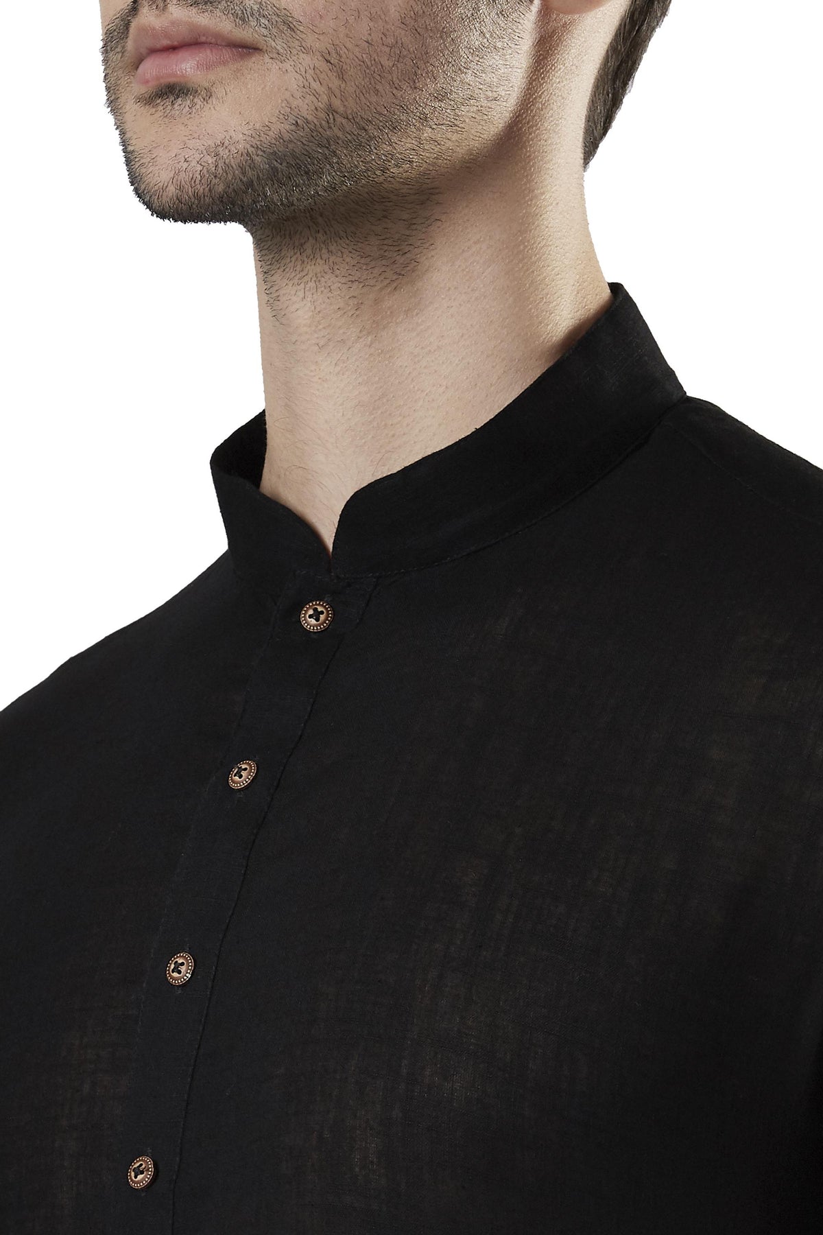 Ethnix Men's Black Textured Pure Cotton 2-Piece Kurta Pajama Set, close-up of the collar and placket