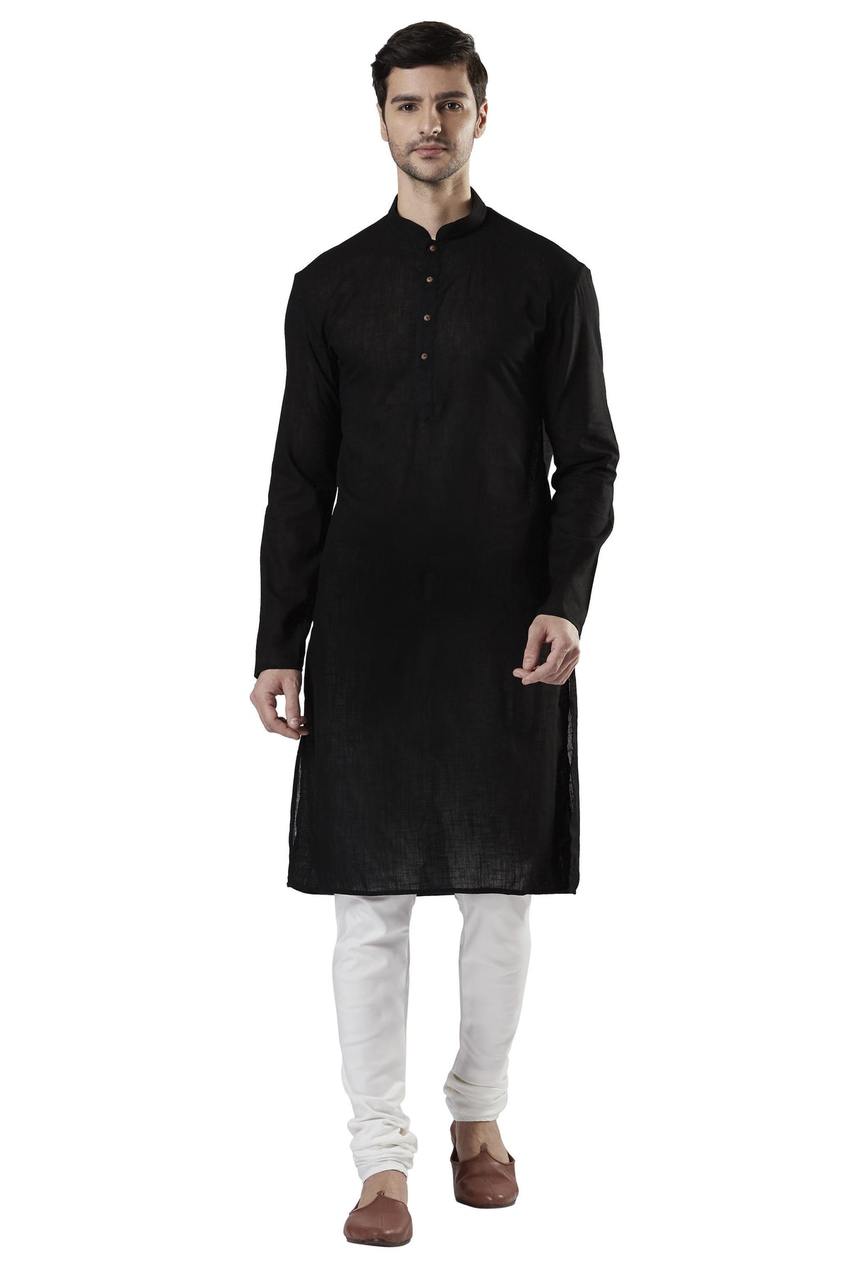 Ethnix Men's Black Textured Pure Cotton 2-Piece Kurta Pajama Set, front full-length view