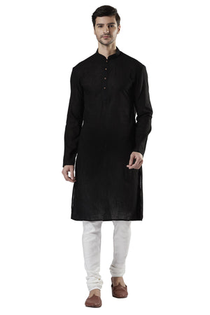 Ethnix Men's Black Textured Pure Cotton 2-Piece Kurta Pajama Set, front full-length view