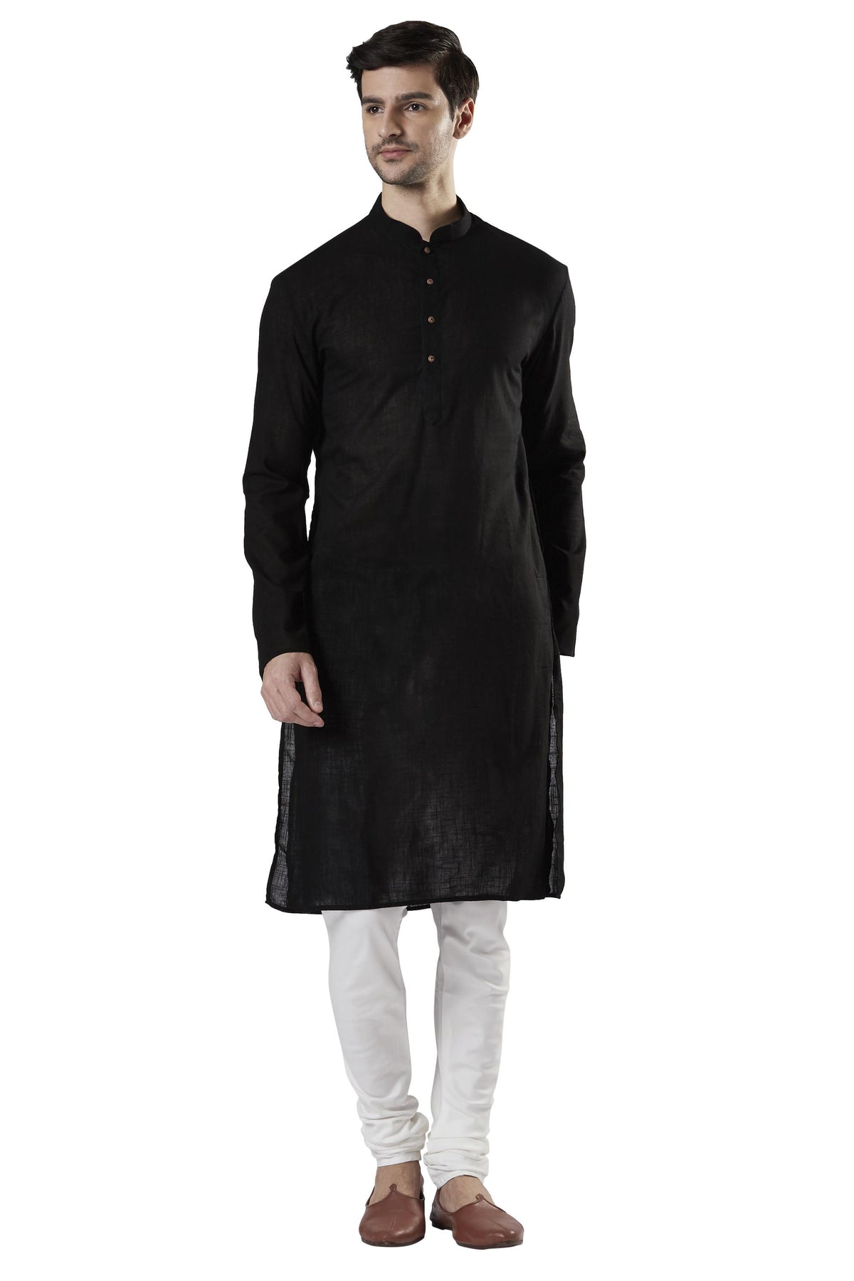 Ethnix Men's Black Textured Pure Cotton 2-Piece Kurta Pajama Set, front posed view