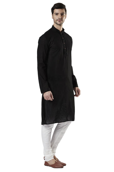 Ethnix Men's Black Textured Pure Cotton 2-Piece Kurta Pajama Set, left angled full-length view