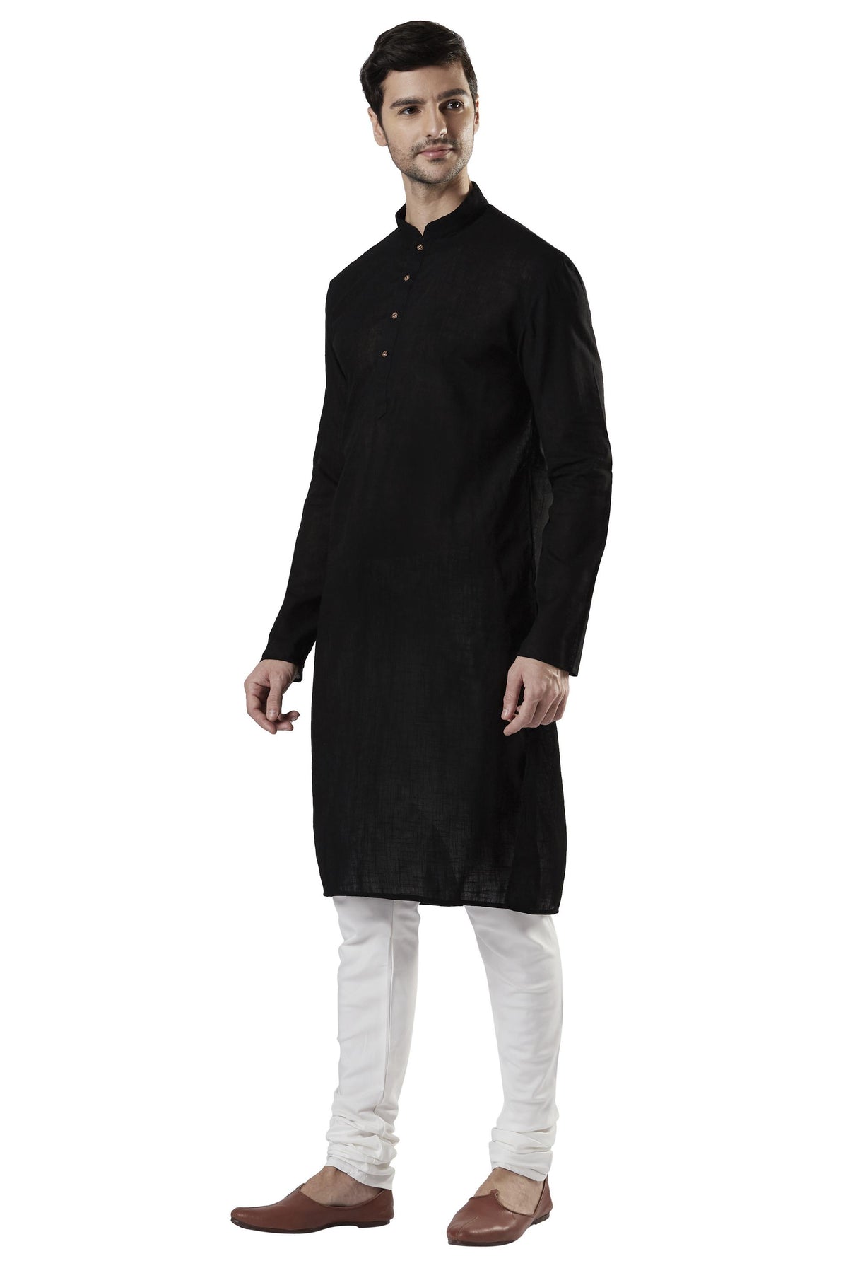 Ethnix Men's Black Textured Pure Cotton 2-Piece Kurta Pajama Set, right angled full-length view