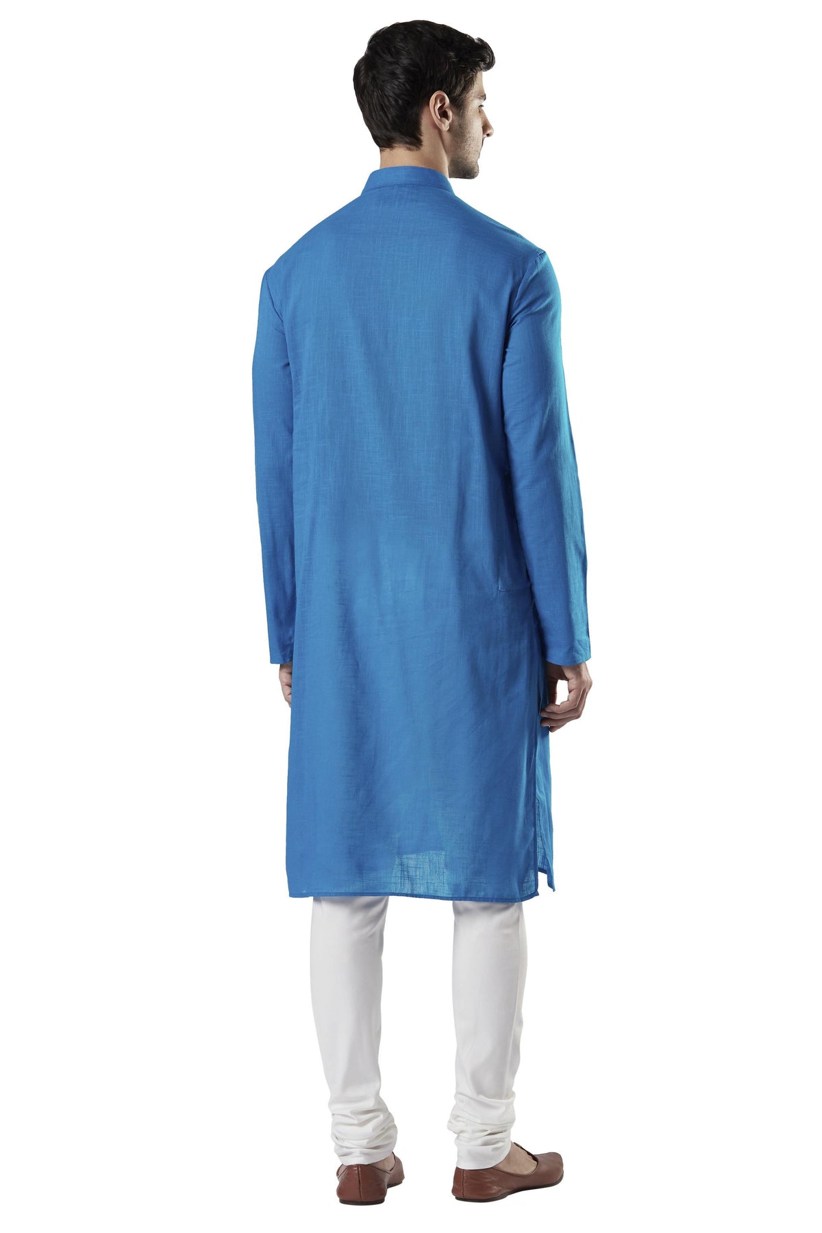 Ethnix Men's Blue Textured Pure Cotton 2-Piece Kurta Pajama Set, back full-length view