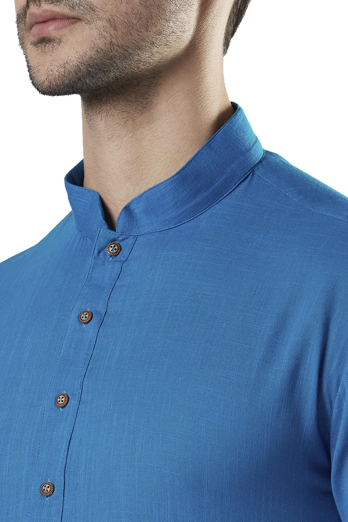 Ethnix Men's Blue Textured Pure Cotton 2-Piece Kurta Pajama Set, close-up of the collar and placket