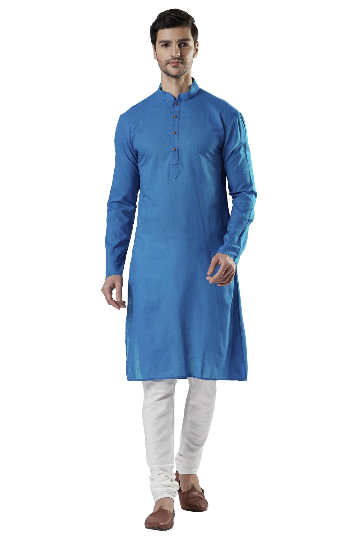 Ethnix Men's Blue Textured Pure Cotton 2-Piece Kurta Pajama Set, front full-length view