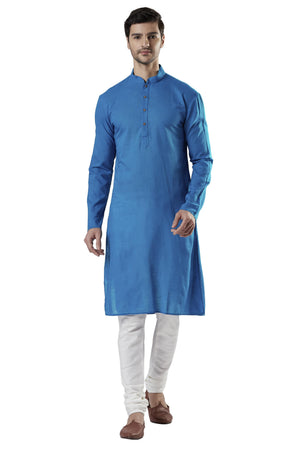 Ethnix Men's Blue Textured Pure Cotton 2-Piece Kurta Pajama Set, front full-length view