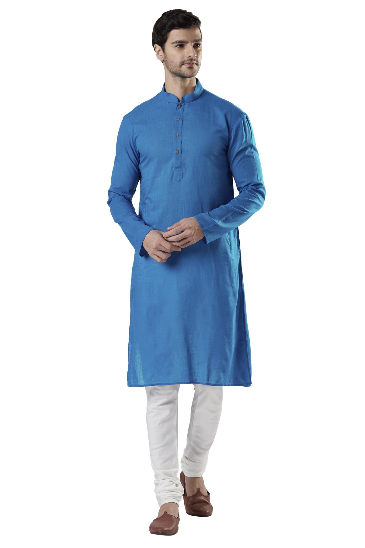 Ethnix Men's Blue Textured Pure Cotton 2-Piece Kurta Pajama Set, front walking view