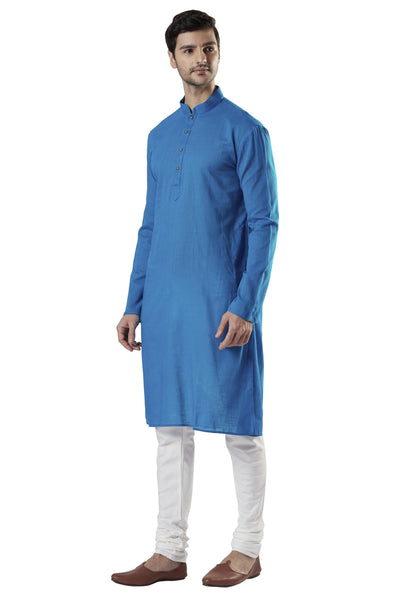 Ethnix Men's Blue Textured Pure Cotton 2-Piece Kurta Pajama Set, left angled full-length view