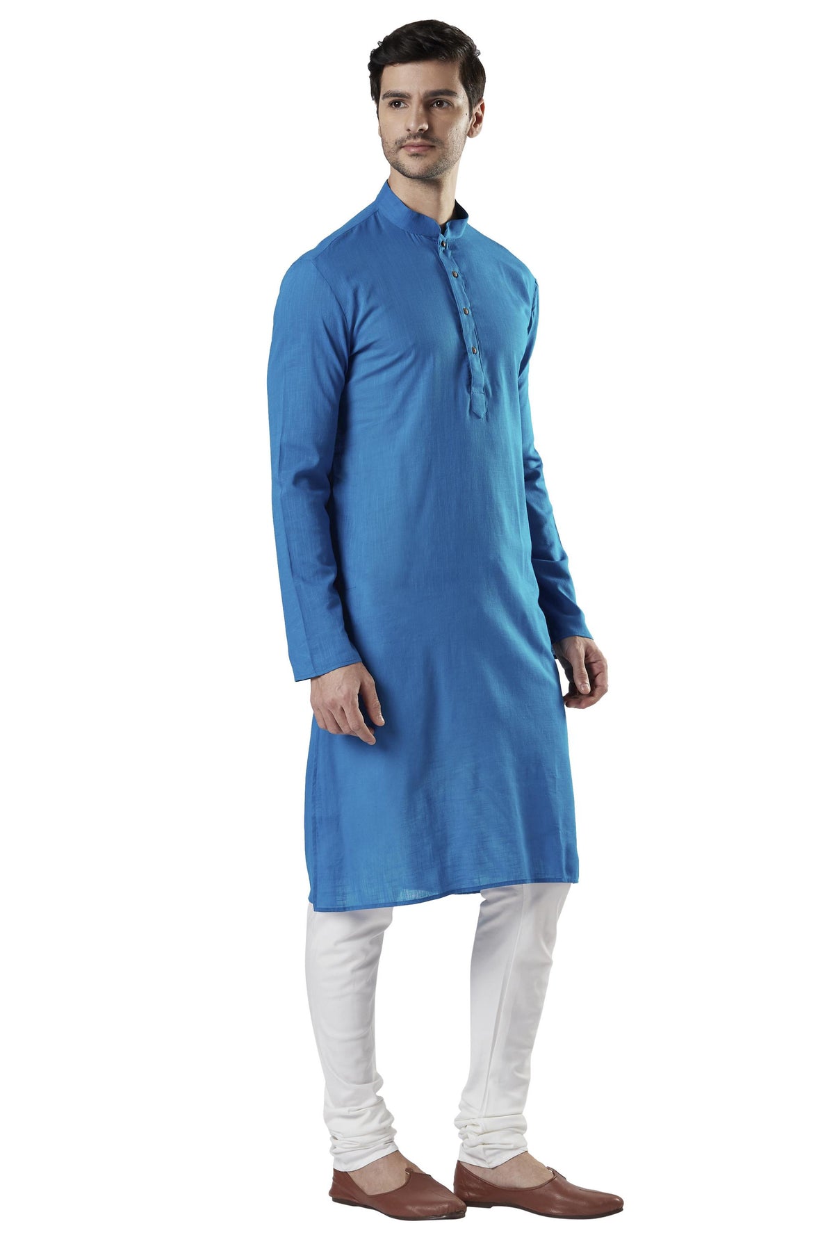 Ethnix Men's Blue Textured Pure Cotton 2-Piece Kurta Pajama Set, right angled full-length view