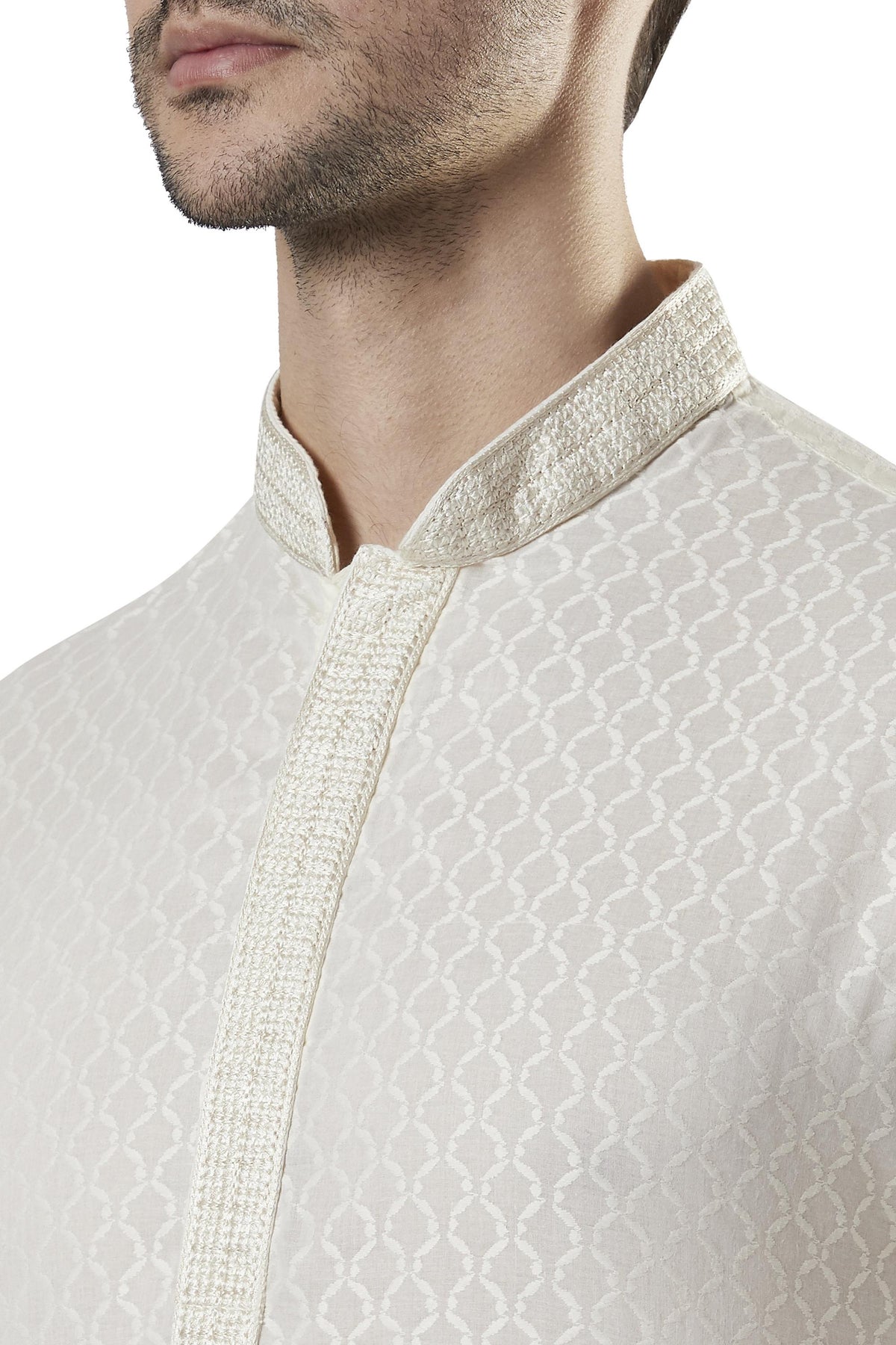 Ethnix Men's Classic Collar Embroidery 2-Piece Kurta Pajama Set, close-up of the collar and placket