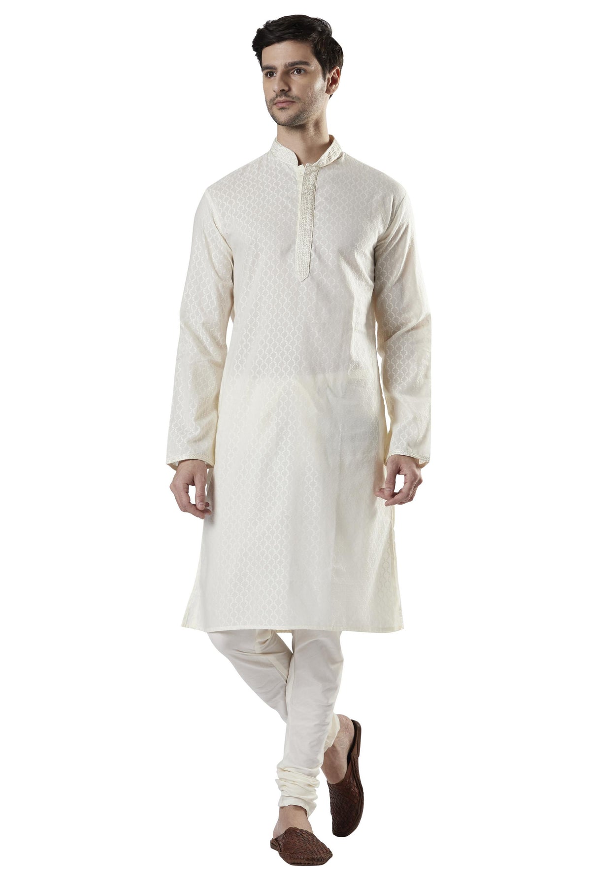 Ethnix Men's Classic Collar Embroidery 2-Piece Kurta Pajama Set, front walking view