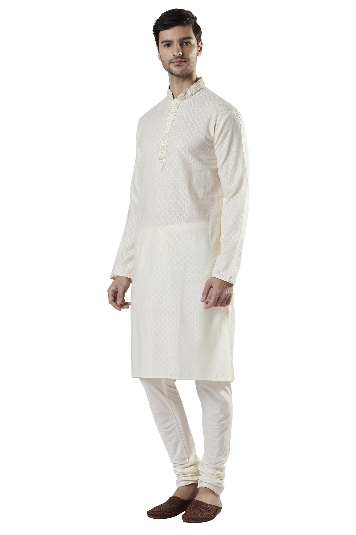 Ethnix Men's Classic Collar Embroidery 2-Piece Kurta Pajama Set, left angled full-length view