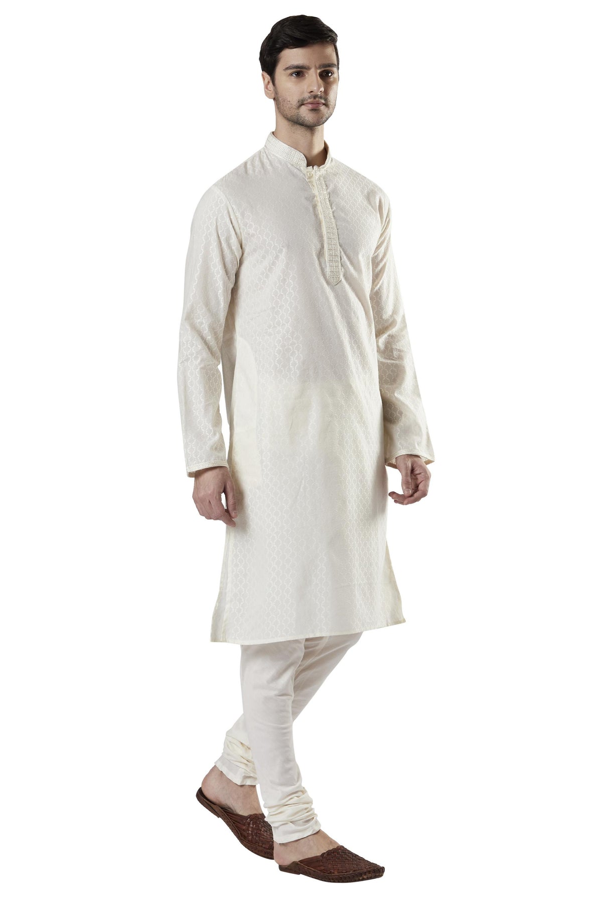 Ethnix Men's Classic Collar Embroidery 2-Piece Kurta Pajama Set, right angled full-length view