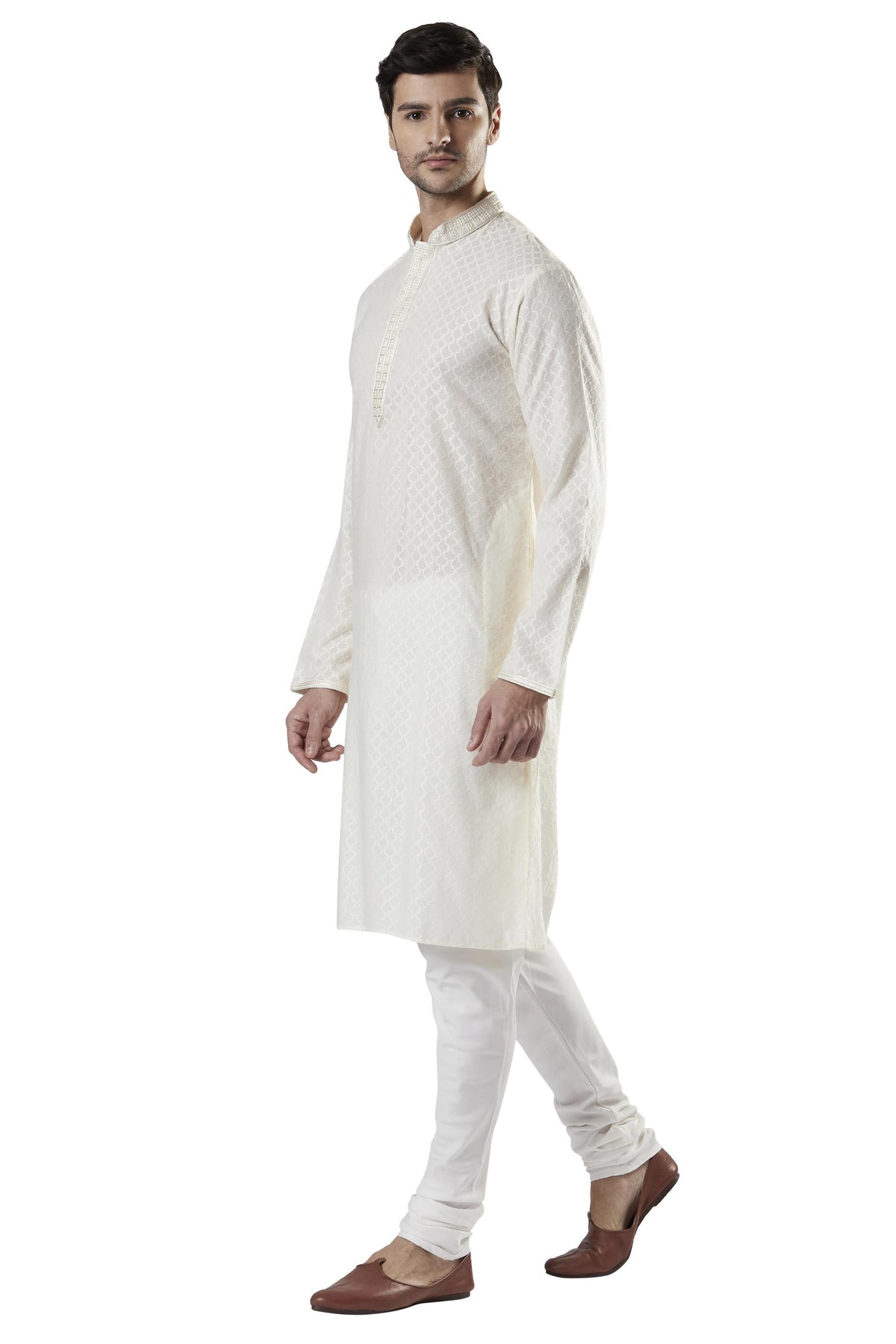 Ethnix Men's Cream All-Over Embroidered 2-Piece Kurta Pajama Set, left angled full-length view