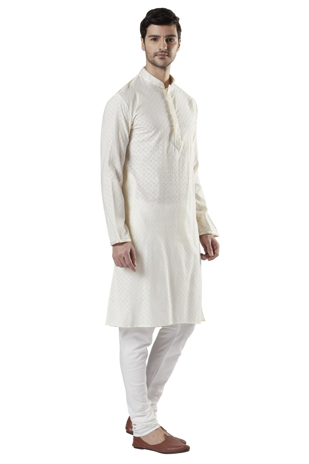 Ethnix Men's Cream All-Over Embroidered 2-Piece Kurta Pajama Set, right angled full-length view