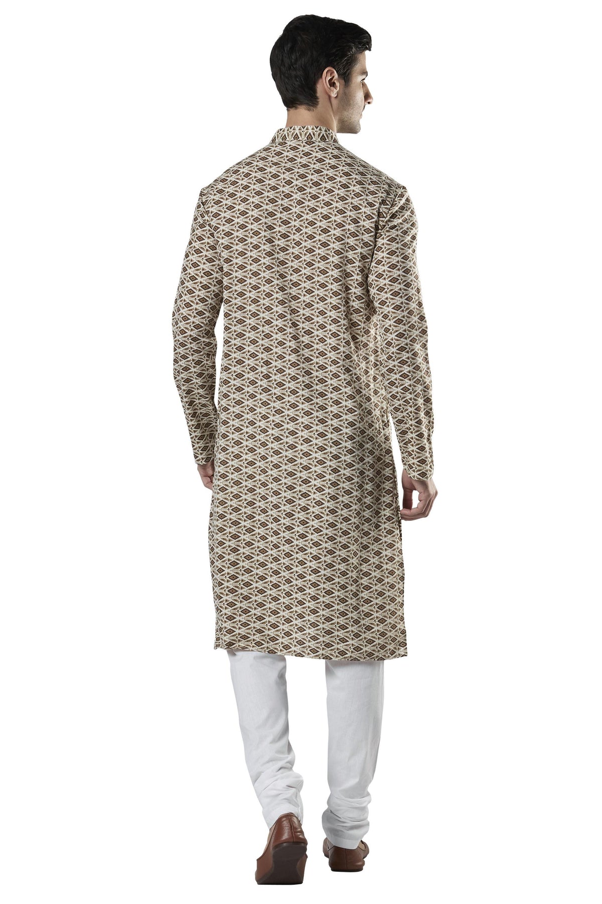 Ethnix Men's Diamond Print Pure Cotton 2-Piece Kurta Pajama Set, back full-length view