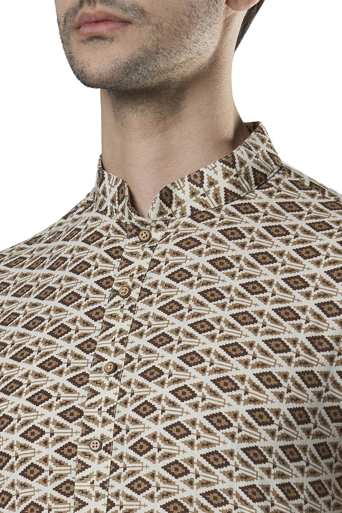 Ethnix Men's Diamond Print Pure Cotton 2-Piece Kurta Pajama Set, close-up of the collar and diamond print