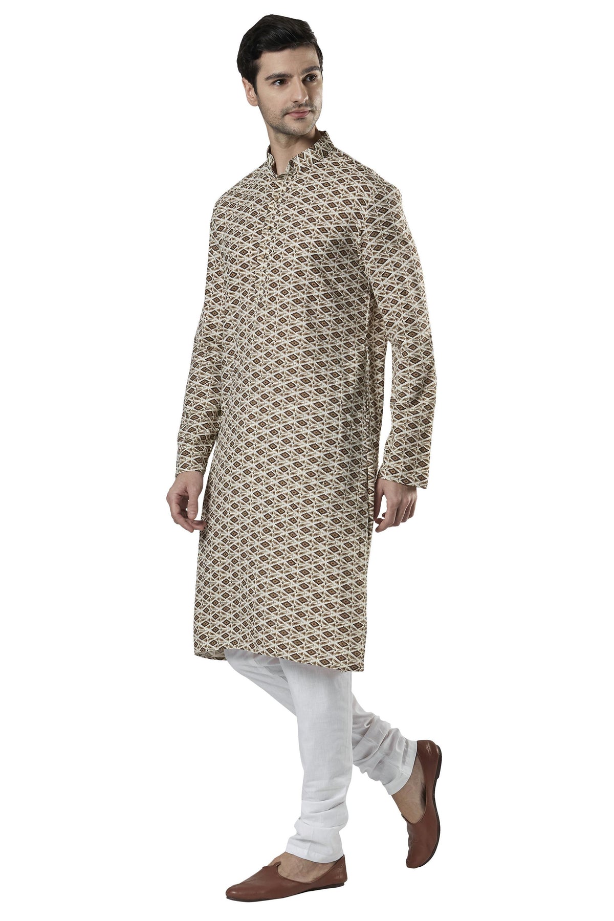 Ethnix Men's Diamond Print Pure Cotton 2-Piece Kurta Pajama Set, right angled full-length view