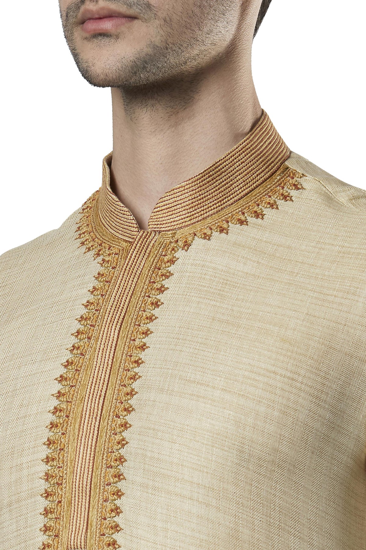 Ethnix Men's Embroidered Placket 2-Piece Kurta Pajama Set, close-up of the collar and placket