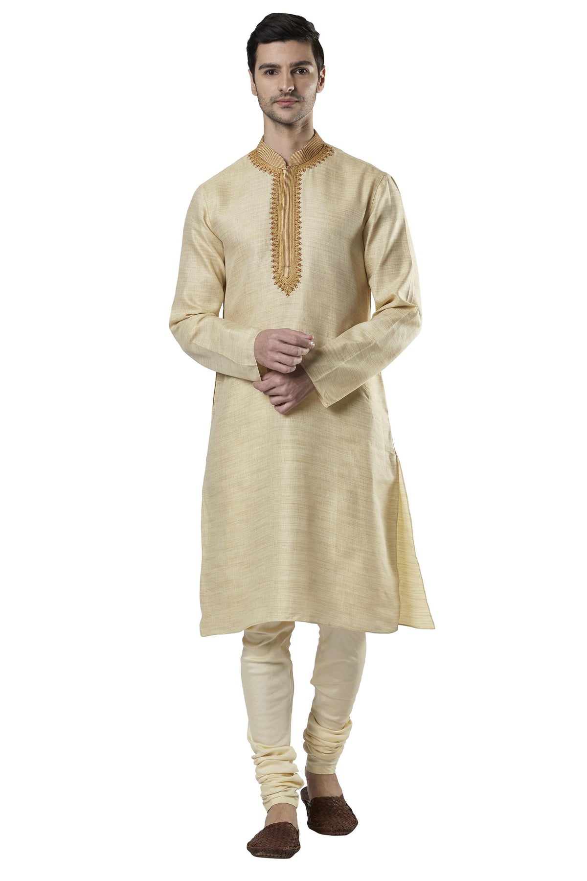 Ethnix Men's Embroidered Placket 2-Piece Kurta Pajama Set, front full-length view