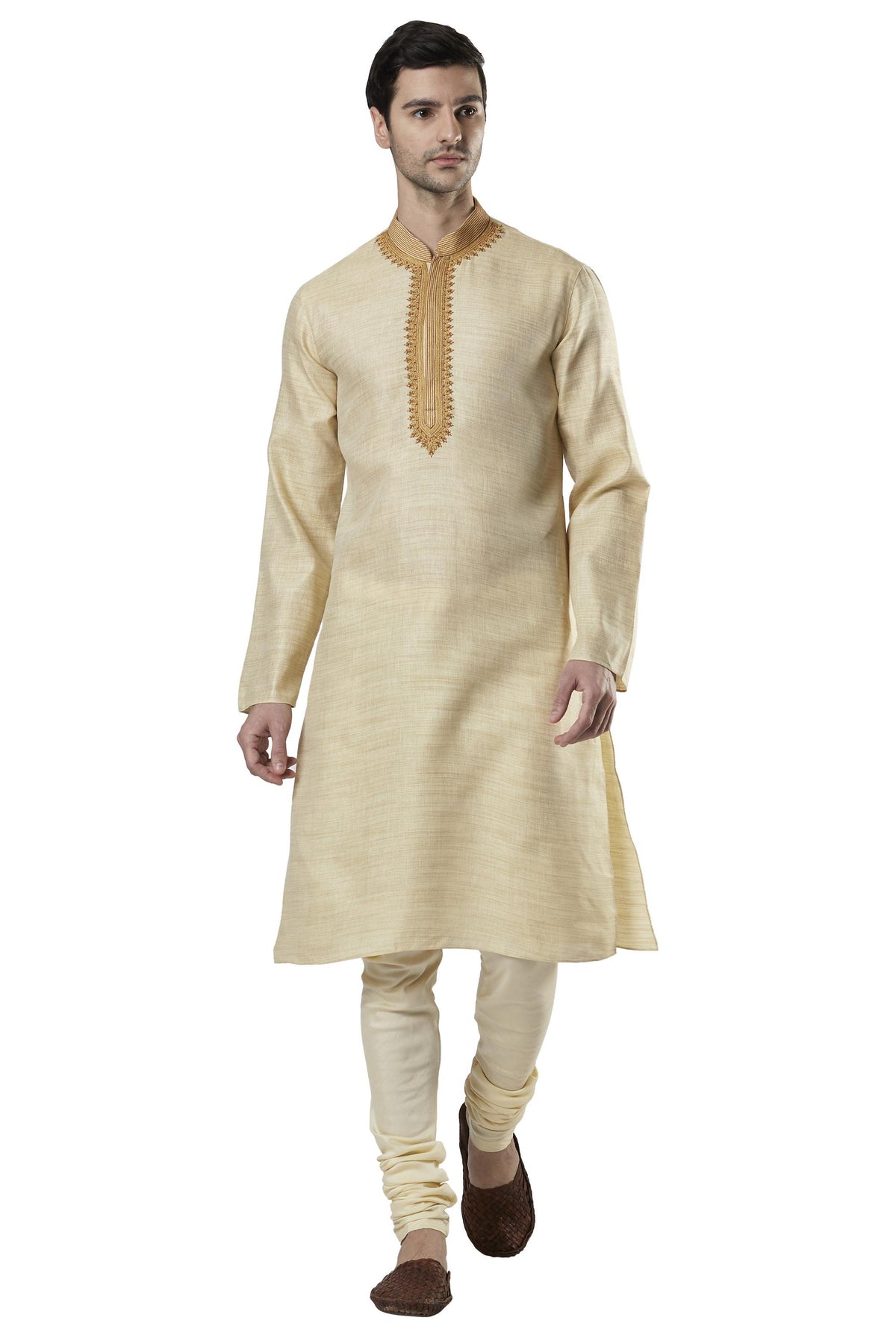 Ethnix Men's Embroidered Placket 2-Piece Kurta Pajama Set, front walking view