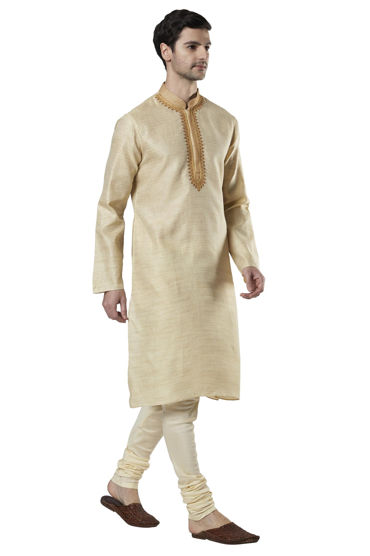Ethnix Men's Embroidered Placket 2-Piece Kurta Pajama Set, right angled full-length view