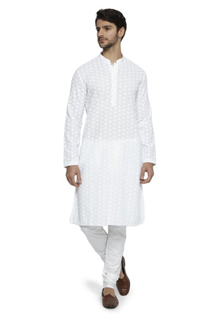 Ethnix Men's Festive White Chikankari 2-Piece Kurta Pajama Set, front walking view