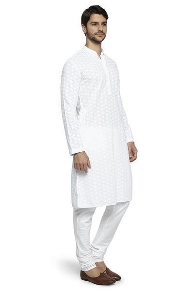 Ethnix Men's Festive White Chikankari 2-Piece Kurta Pajama Set, left angled full-length view