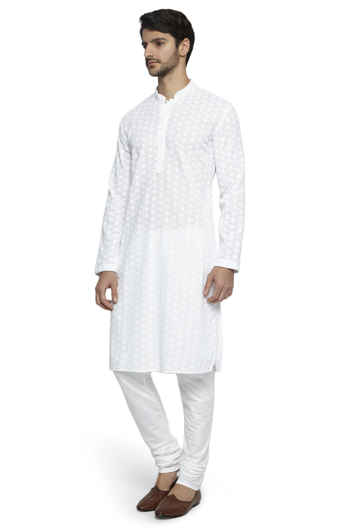 Ethnix Men's Festive White Chikankari 2-Piece Kurta Pajama Set, right angled full-length view