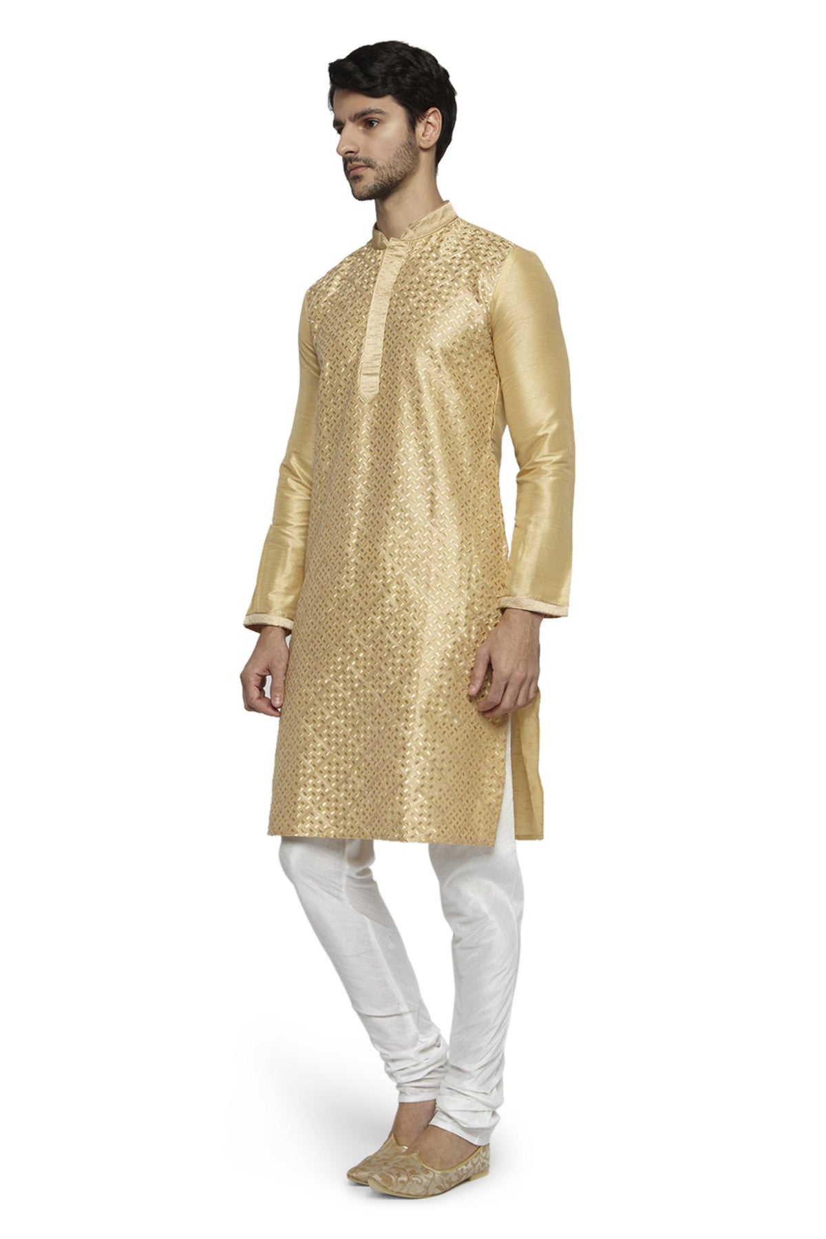 Ethnix Men's Gold Festive 2-Piece Kurta Pajama Set, right angled full-length view