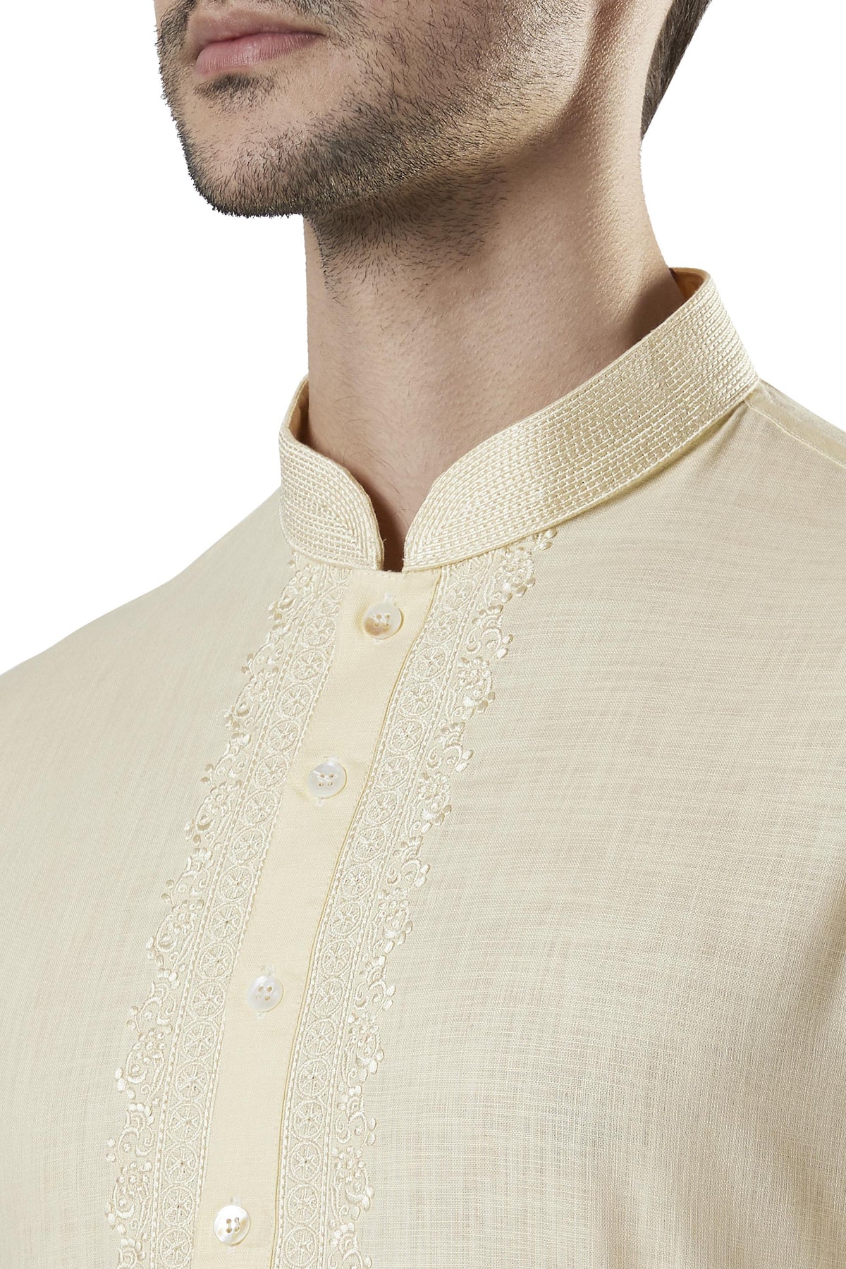 Ethnix Men's Hand-Embroidered Cotton-Rich 2-Piece Kurta Pajama Set, close-up of the collar and placket