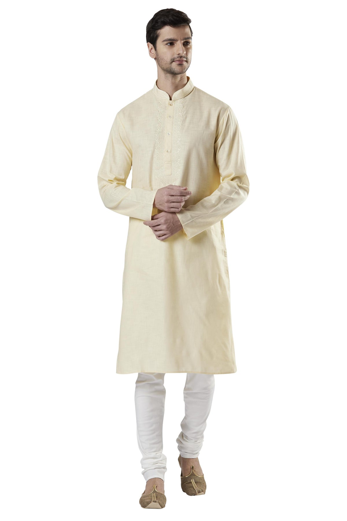 Ethnix Men's Hand-Embroidered Cotton-Rich 2-Piece Kurta Pajama Set, front full-length view
