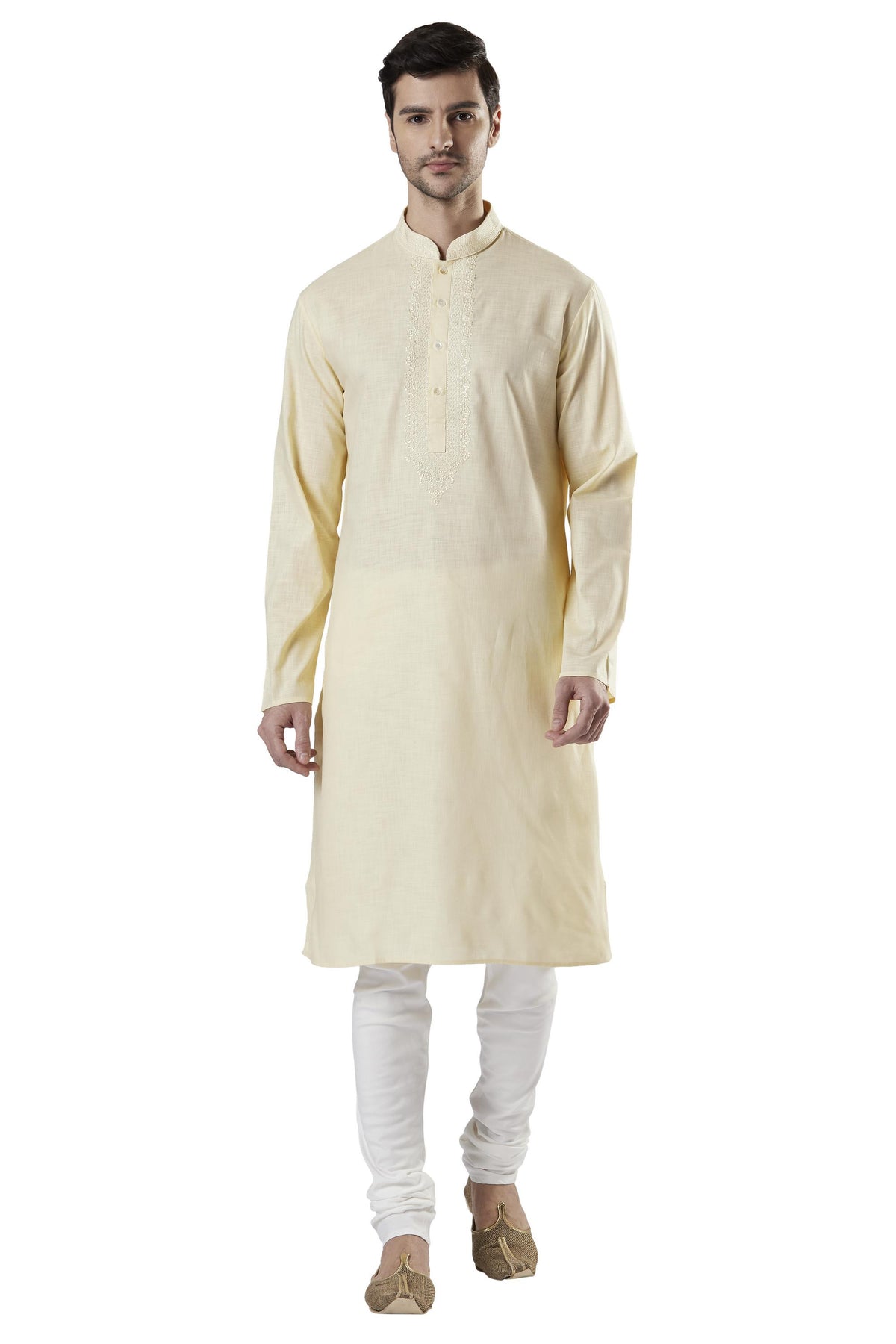 Ethnix Men's Hand-Embroidered Cotton-Rich 2-Piece Kurta Pajama Set, front posed view