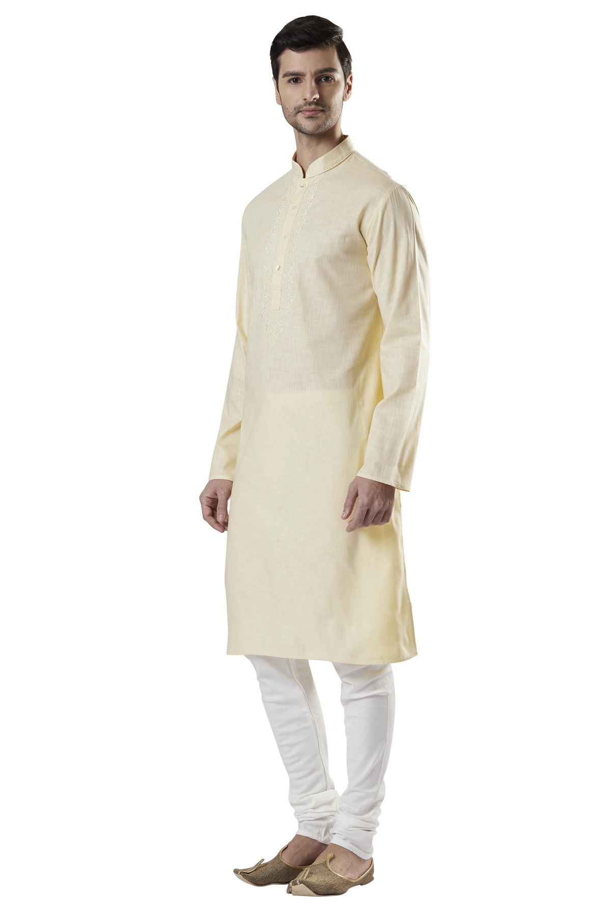 Ethnix Men's Hand-Embroidered Cotton-Rich 2-Piece Kurta Pajama Set, right angled full-length view