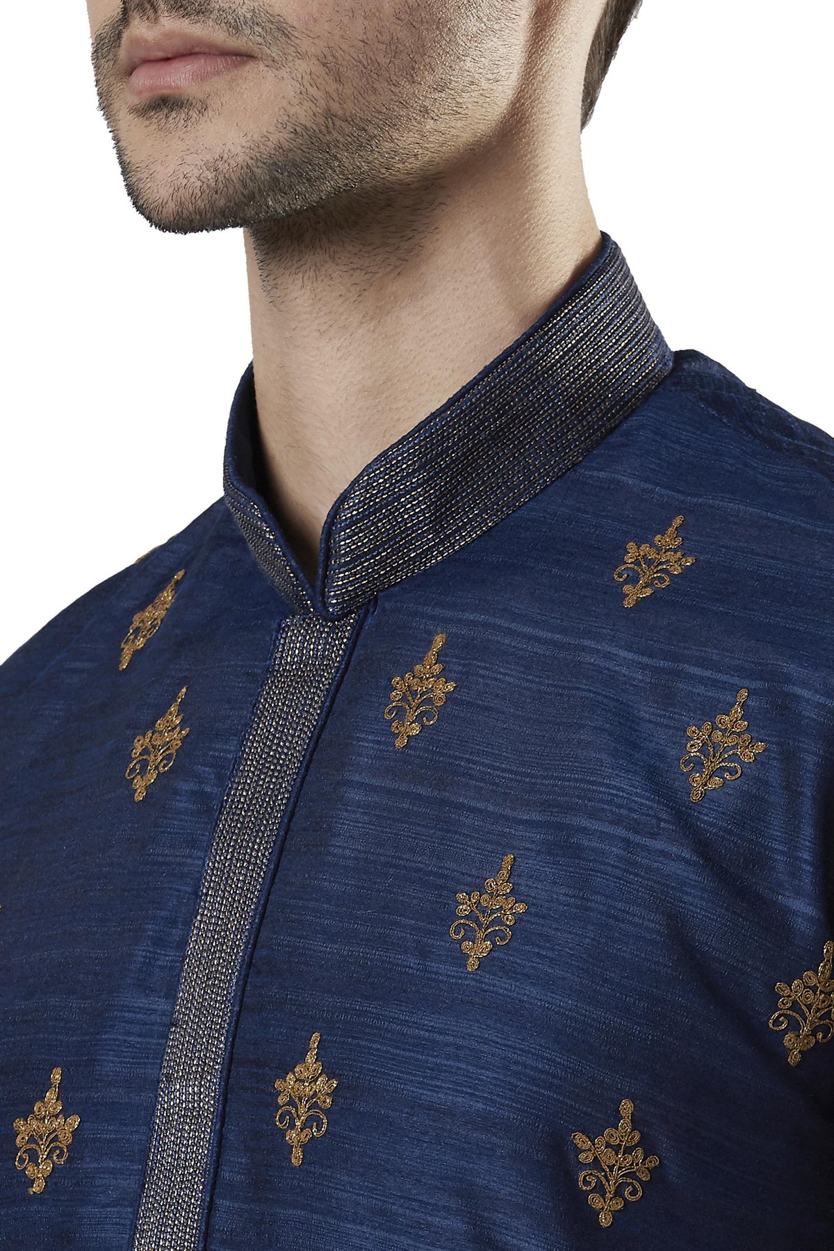 Ethnix Men's Heavily Embroidered 2-Piece Kurta Pajama Set, close-up of the embroidered collar and placket