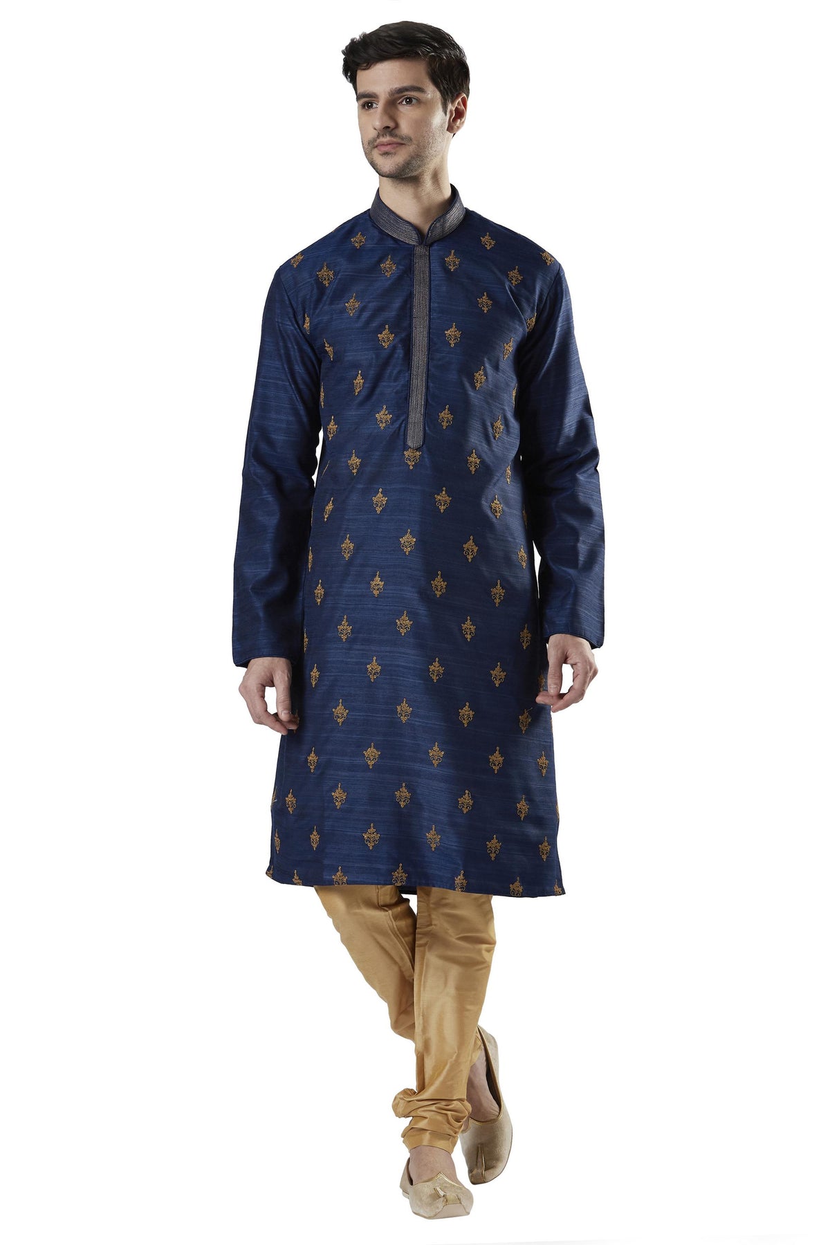 Ethnix Men's Heavily Embroidered 2-Piece Kurta Pajama Set, front walking view