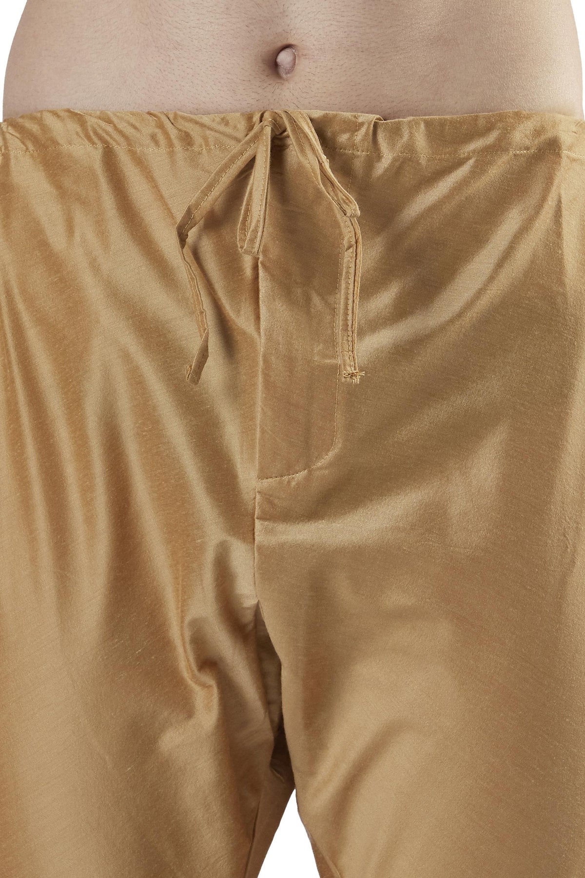 Ethnix Men's Heavily Embroidered 2-Piece Kurta Pajama Set, close-up of the gold Pajama fabric