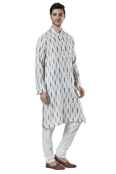 Ethnix Men's Ikat Print Cotton 2-Piece Kurta Pajama Set, left angled full-length view