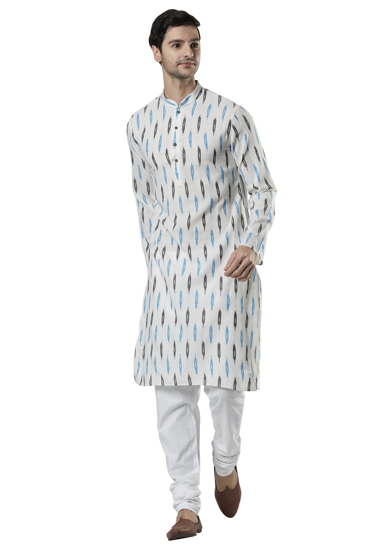 Ethnix Men's Ikat Print Cotton 2-Piece Kurta Pajama Set, right angled full-length view