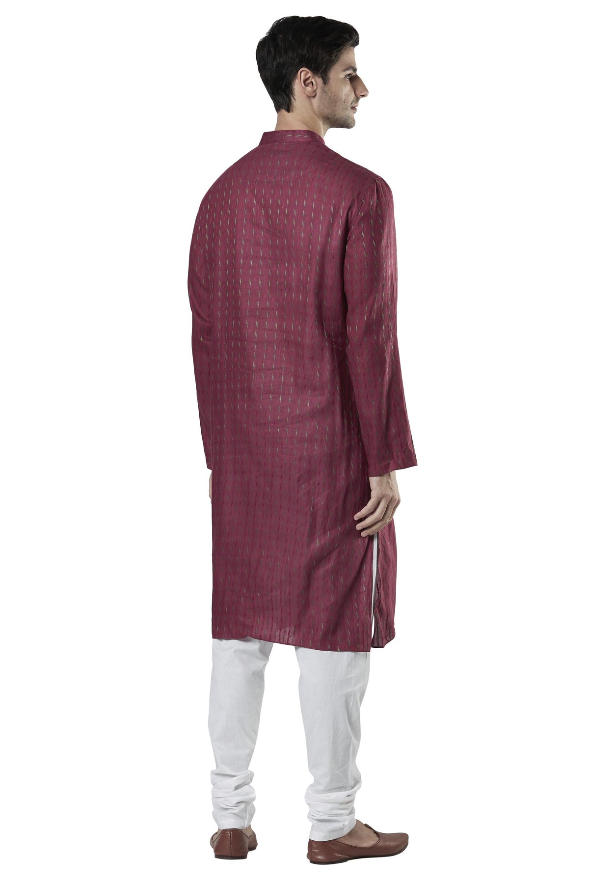 Ethnix Men's Magenta Micro Dobby 2-Piece Kurta Pajama Set, back full-length view