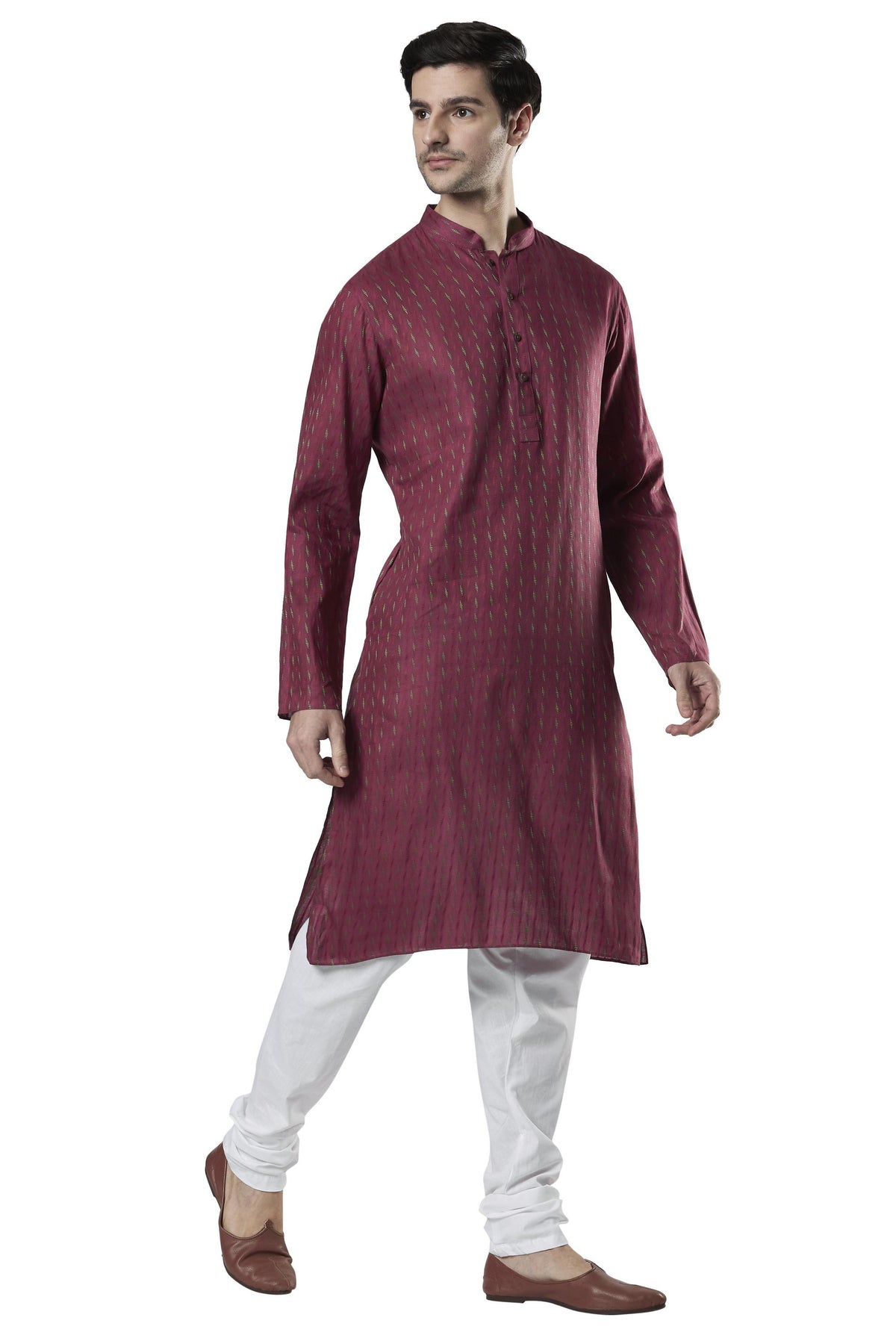 Ethnix Men's Magenta Micro Dobby 2-Piece Kurta Pajama Set, front full-length view