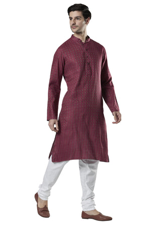 Ethnix Men's Magenta Micro Dobby 2-Piece Kurta Pajama Set, front full-length view