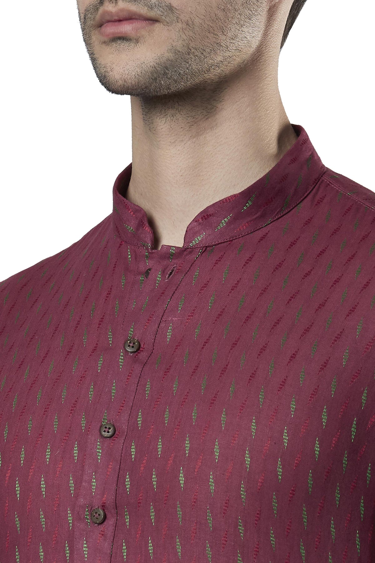 Ethnix Men's Magenta Micro Dobby 2-Piece Kurta Pajama Set, close-up of the collar and micro dobby print