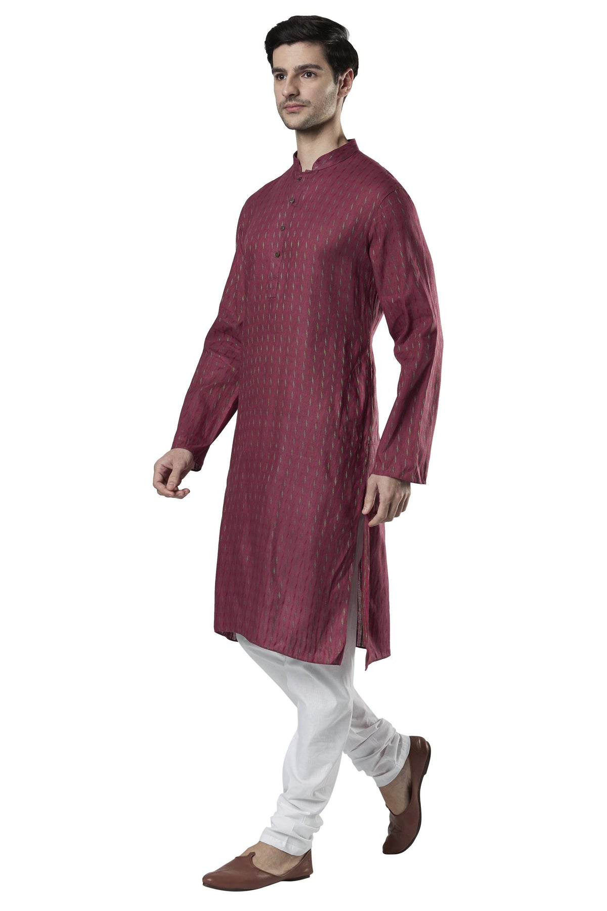 Ethnix Men's Magenta Micro Dobby 2-Piece Kurta Pajama Set, right angled full-length view