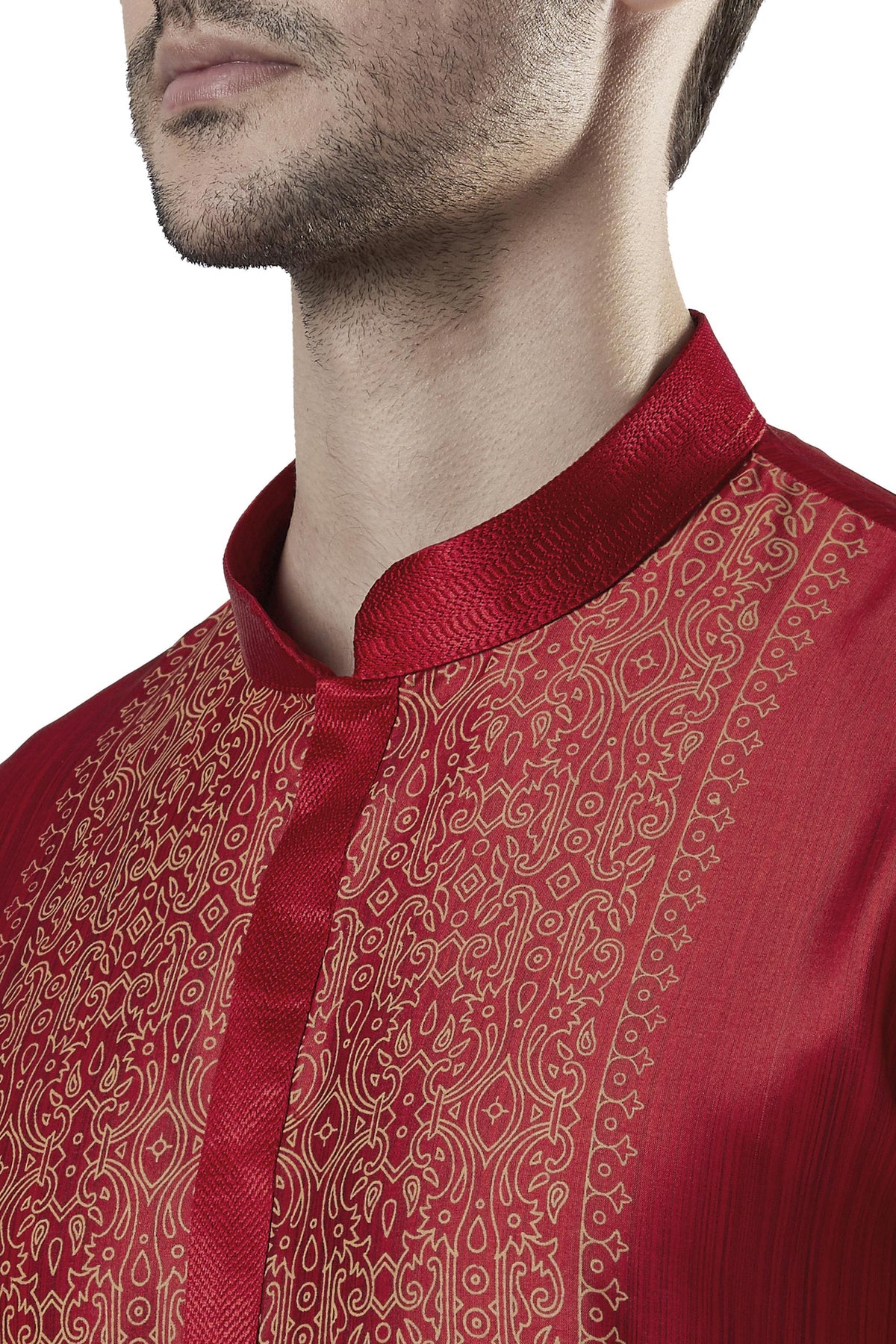 Ethnix Men's Maroon Classic Collar 2-Piece Kurta Pajama Set, close-up of the collar and placket