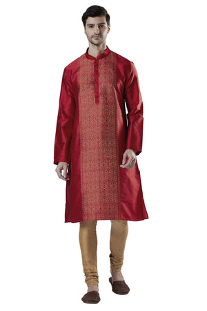 Ethnix Men's Maroon Classic Collar 2-Piece Kurta Pajama Set, front full-length view