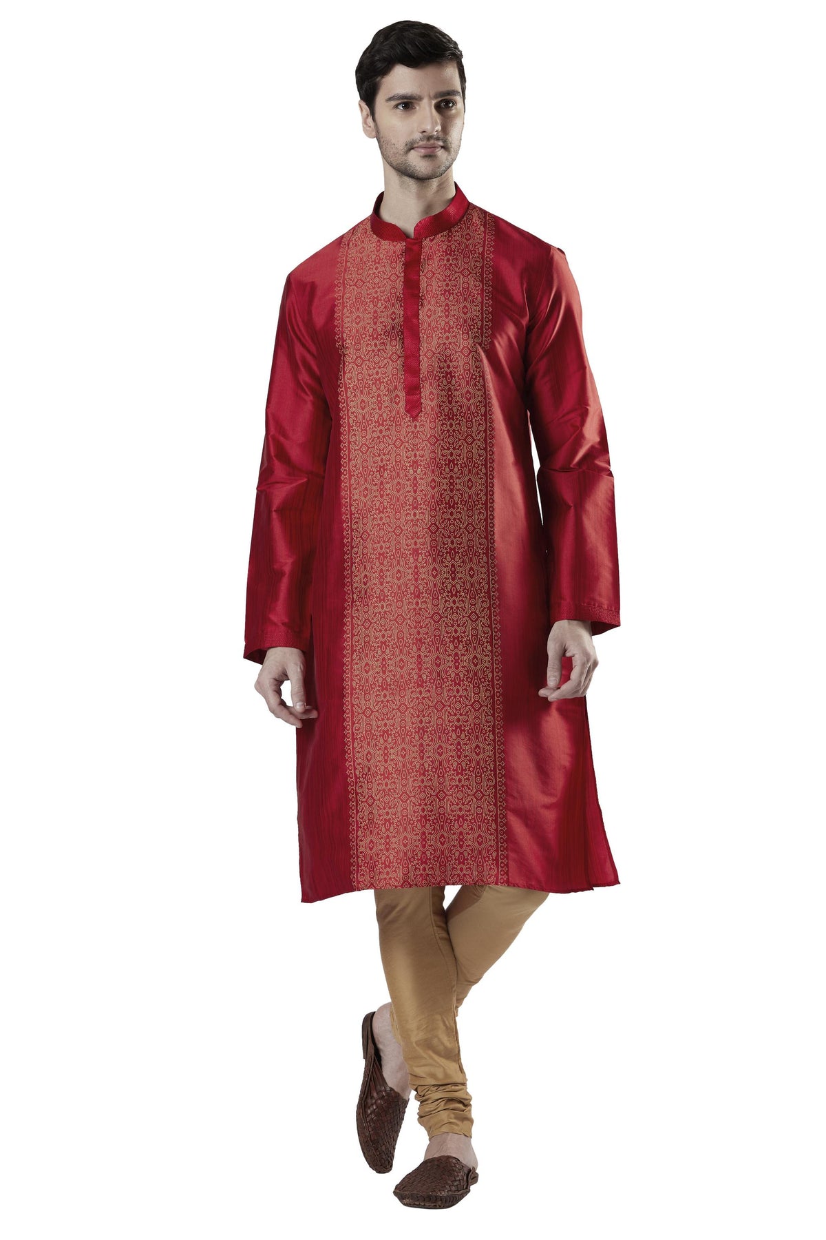 Ethnix Men's Maroon Classic Collar 2-Piece Kurta Pajama Set, front walking view