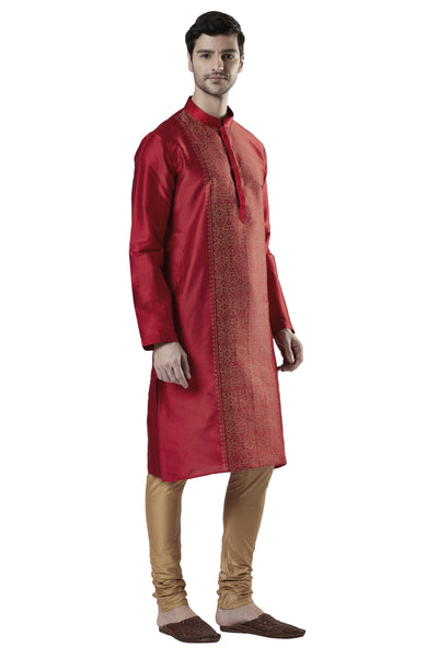 Ethnix Men's Maroon Classic Collar 2-Piece Kurta Pajama Set, left angled full-length view
